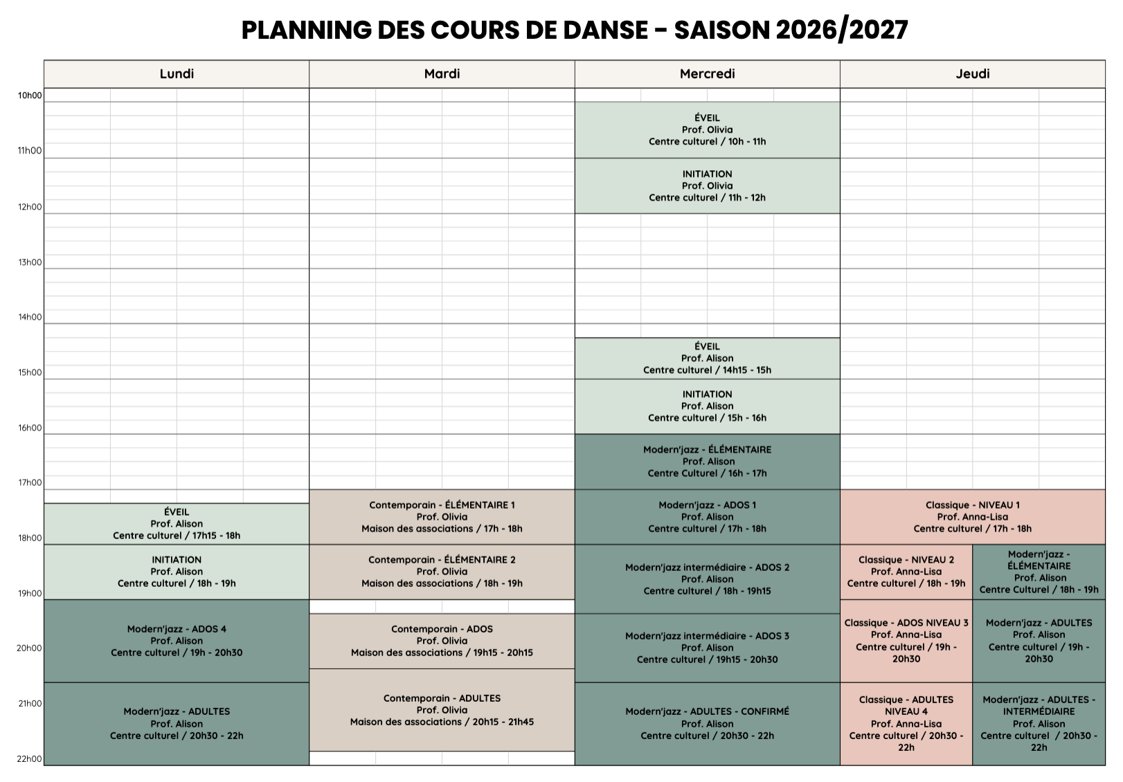 Planning des cours 2026-2027